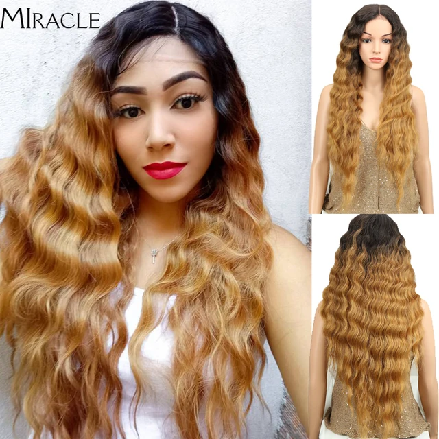 Synthetic Lace Wigs Blonde Wig Deep Wave Cosplay Lolita Wig 30Inch Ombre Blonde Wigs For Women High Temperature Fiber Miracle SOP43026