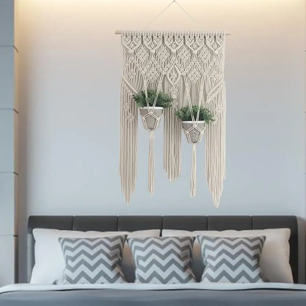 Bohemian Hand-Woven Tapestry Hanging Basket Wall Hanging Plant Basket Decoration DIY Bags for Hotel Living Room Bedroom Decor
