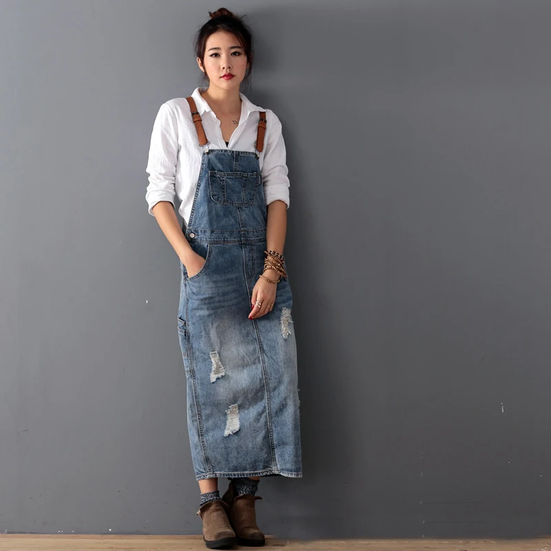 Denim Dress Spaghetti-Strap Bleached-Holes Female Vintage Women Ladies Loose Ripped