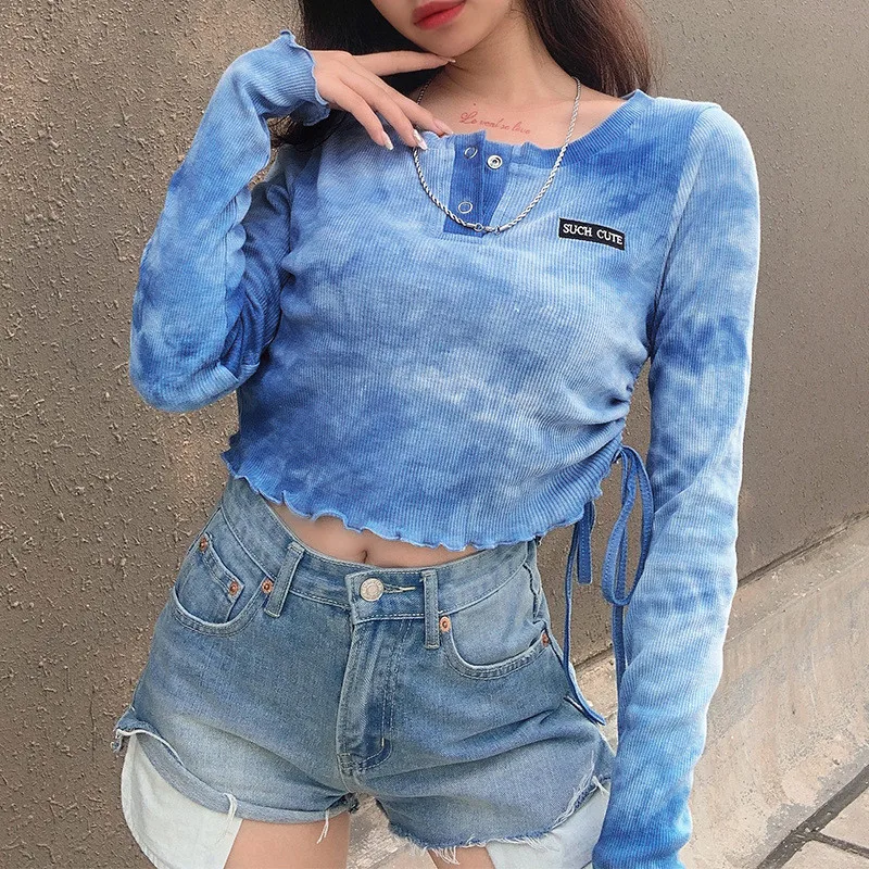 High Street Women's Tie-Dye Top Long Sleeve Round Neck Letter Embroidered Folded Tie T-shirt Hip Hop Girl Base Shirt Street Wear