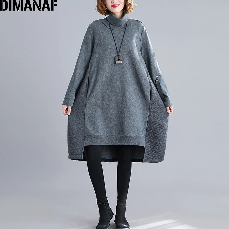  DIMANAF Winter Oversize Women Pullover Lady Tops Solid Hoodies Sweatshirts Cotton Turtleneck Loose 