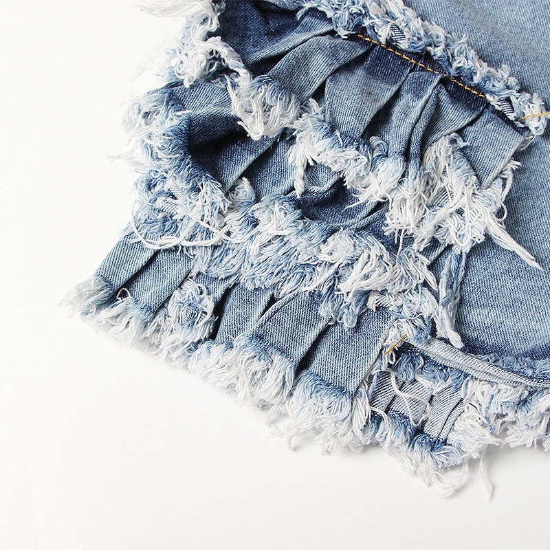 ECRURANI Blue Patchwork Denim Shorts For Women High Waist Tassels Asymmetric Casual Short Pants Female 2022 Summer Fashion Style