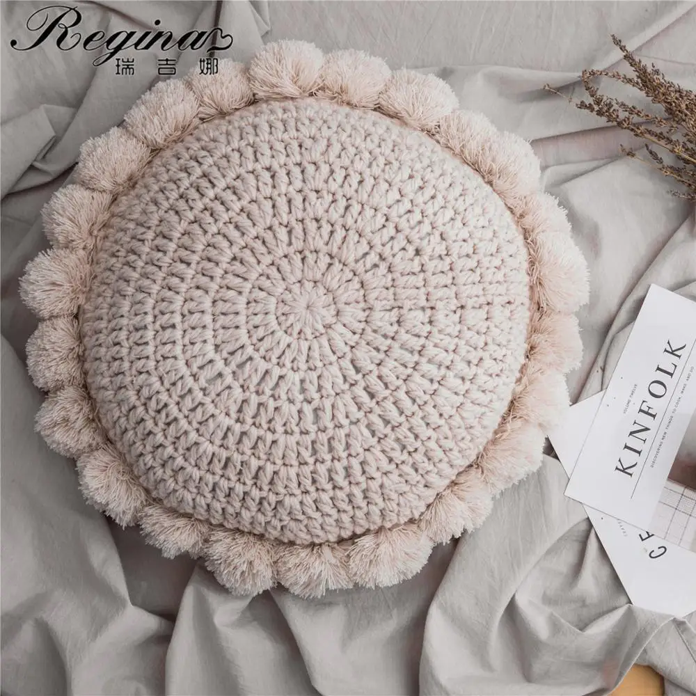 REGINA INS Cute Sunflower Throw Pillow Tassel Pompom Knitted Round Cushion Beige Home Decor Sofa Pillows Hand Rest Seat Cushions