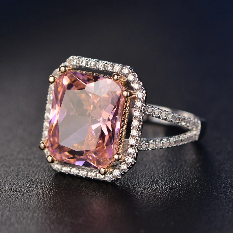 Top Quality Silver Jewelry Sets Pink Quartz Cubic Zircon Ring Earrings Necklace Wedding Exquisite Jewelry Wholesale FCGJHW 6