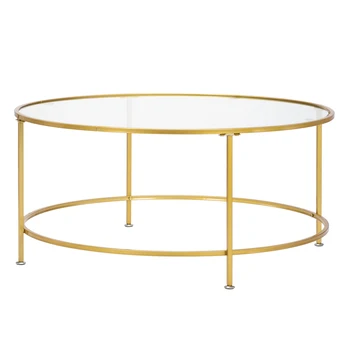 

End Table HODELY 36" Golden 2 Layers 5mm Thick Tempered Glass Countertop Round Wrought Iron Coffee Table 【US warehouse】