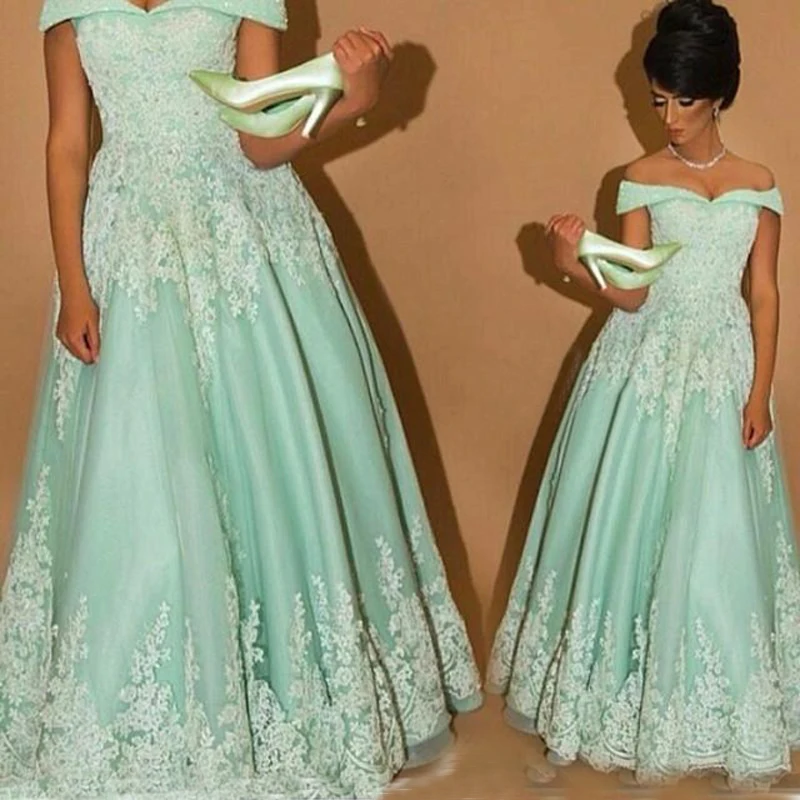 

Mint Green Lace Off the Shoulder Evening Long Arabic Prom gown Robe de Soiree Made in China 2018 Mother of the Bride Dresses