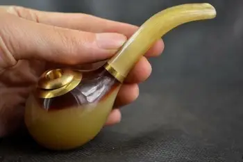 

Chinese Exquisite Rare Hand-carved Horn Smoking Tool Pipe Statue