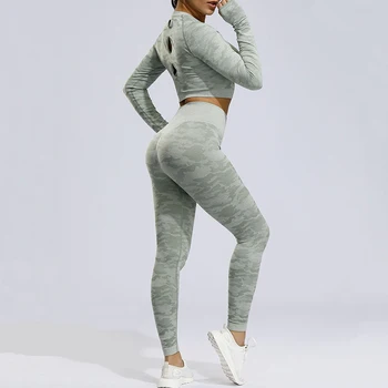 Women Camo Yoga Set Seamless Fitness Long Sleeve Crop Top Sports Wear High Waist Gym Leggings Pants Yoga Suit Workout Leggins 1