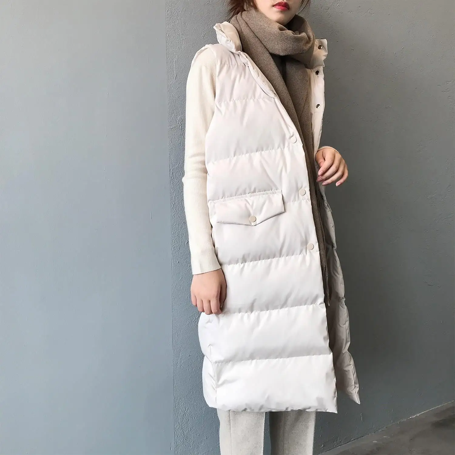 Winter Thicken Warm Cotton Down Vest Women Fashion Single Button Loose Version Long Sleeveless Coat