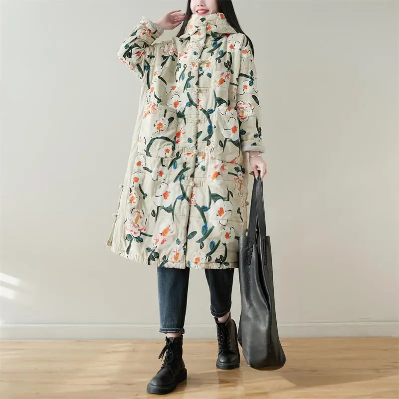 

Женское пальто с капюшоном, стирка, повседневное длинное хлопковое пальто с пуговицами-дисками, новинка зимы и весны