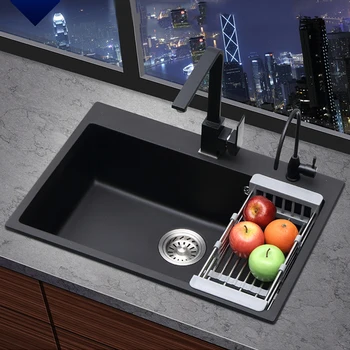 

Quartz Kitchen Sink Single Bowl Black Oatmeal Basin Sink For Kitchen Fixture Tomount Or Undermount With Faucet Accessories