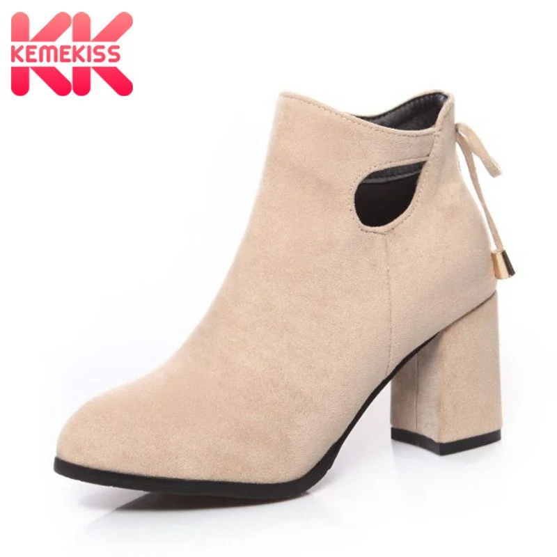 

KemeKiss Women Short Plush Ankle Boots Round Toe Rough Heel Zipper Bowtie Footwear Flock Thermal Winter Ladies Shoes Size 31-43