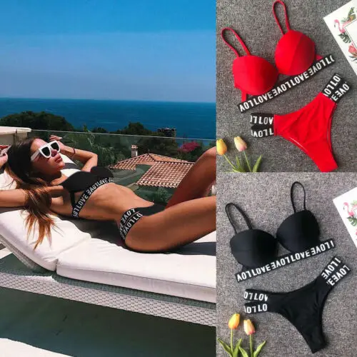 

Sexy Swimsuit Women Bandage Micro Bikini Set Printed Letter Loved Padded Bra Push-up Swimwear Bathing Suit Beachwear