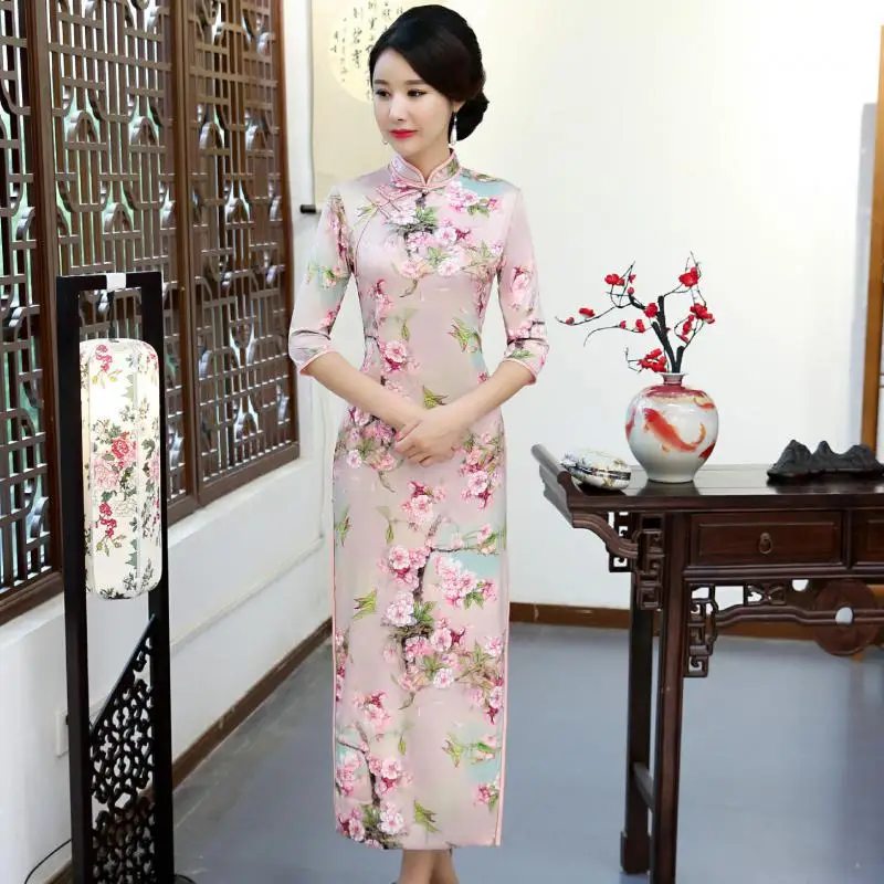 

Novelty Print Flower Young Lady Cheongsam Chinese Traditional Mandarin Collar Vintage Qipao Sexy Slim Long Vestidos Plus Size