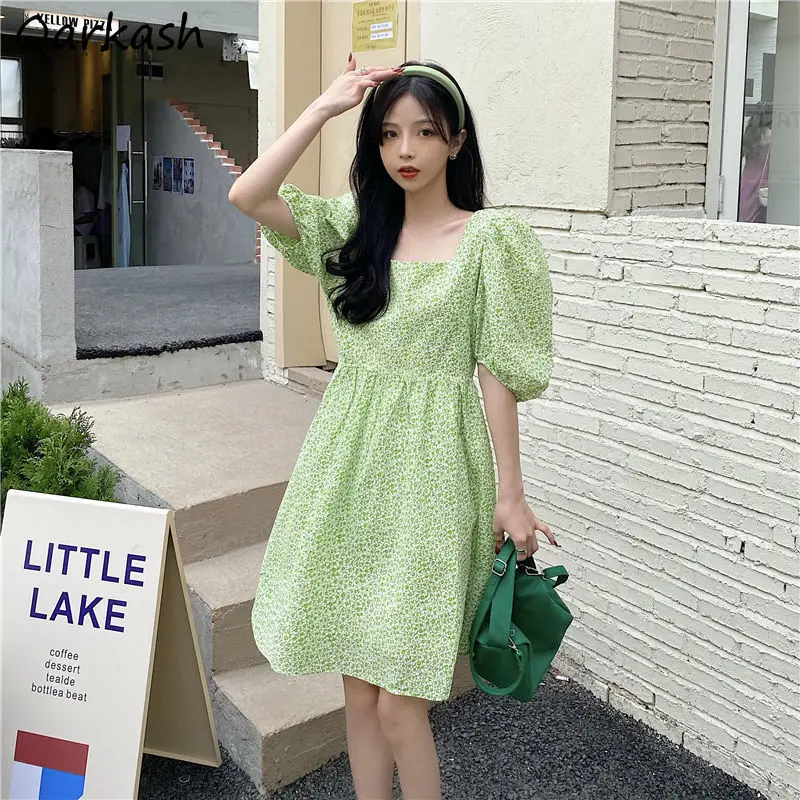 

Dress Women Puff Sleeve Vintage Summer French Style Square Collar Print Empire Fashion Vestidos Mujer All-match 2021 College New