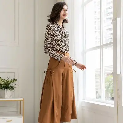 2019 Autumn New Two-piece Suit Office Lady Women Elegant Leopard Shirt Blouse String Loose Wide Leg Pants Fashion Chic Fema |