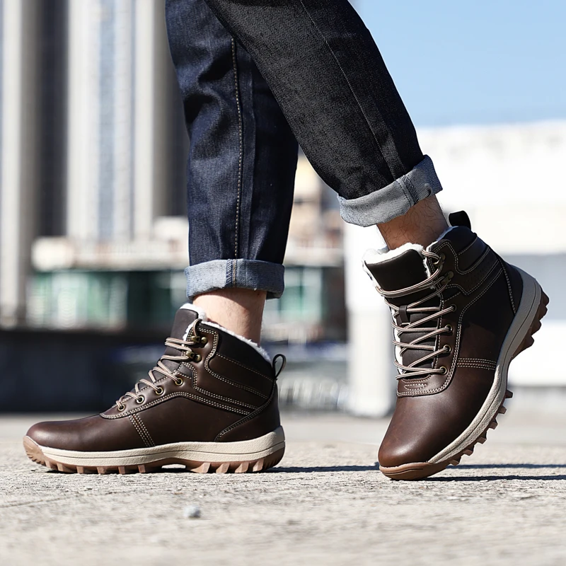 Winter Warm Men Boots Genuine Leather Fur Plus Snow Boots Handmade Waterproof Working Ankle Boots High Top Men Shoes Zapatillas