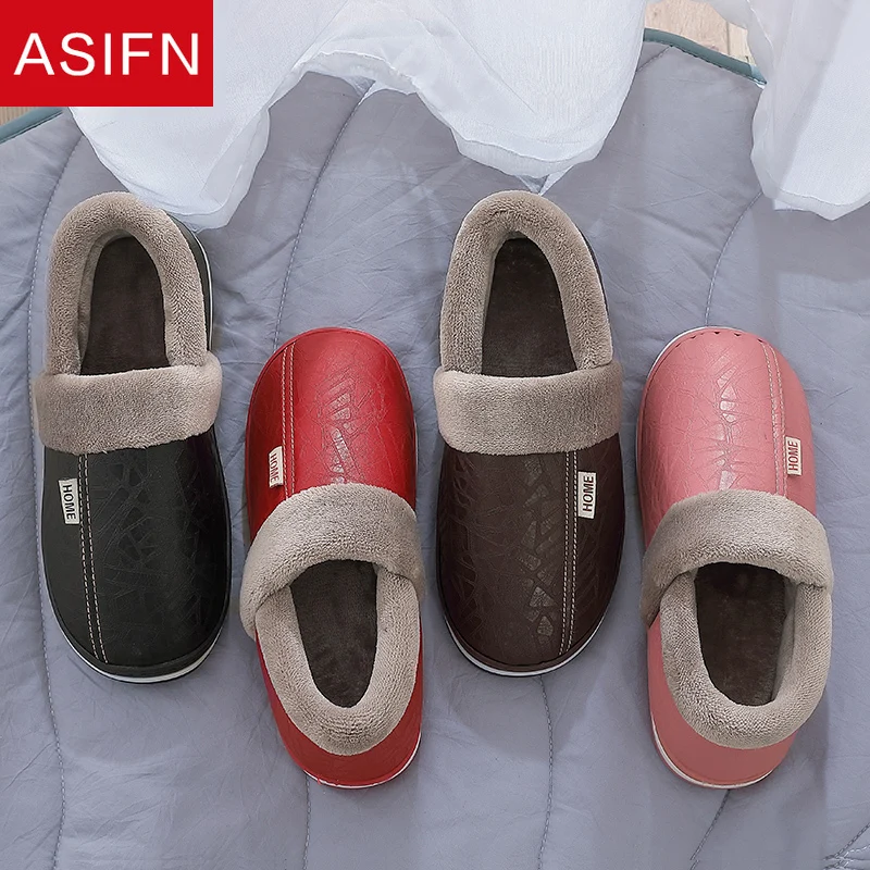 ASIFN Big Size for Men's PU Leather Slippers Indoor Waterproof Home Fur Male Couple Flat Women Men Winter Slipper Cotton Shoes images - 6