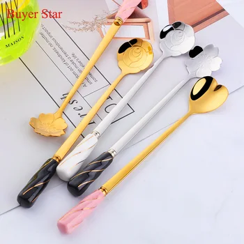 

4PCS Stainless Steel Ceramic Handle Lovely Milk Tea Spoon Creative Coffee Spoon Honey Dessert Ice Cream Spoon Kitchen Tableware