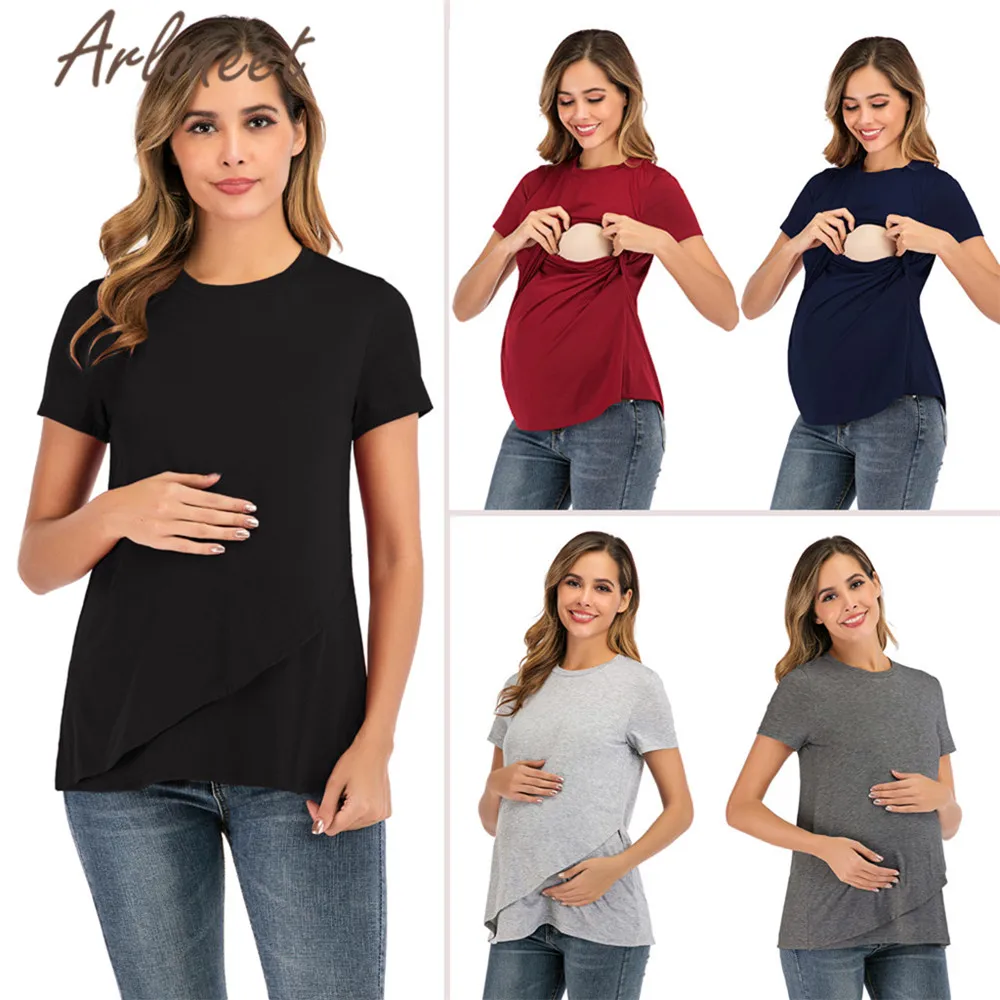 Одежда arloneet, женская блузка для беременных, короткий рукав, футболка для кормящих, черная блузка для грудного вскармливания, женская повседневная одежда для беременных