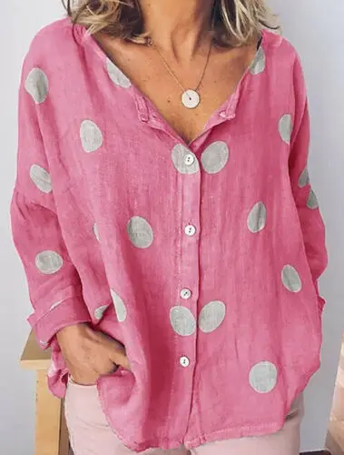 New Women Summer Polka dots Blouse Top Long Sleeve Boho Blouse Loose Baggy Tops Casual Beach Shirts Plus Size 2XL