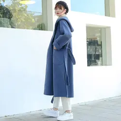 2019 осеннее и зимнее длинное двухстороннее кашемировое пальто женская синяя куртка с капюшоном 100% кашемировое Новое сексуальное модное