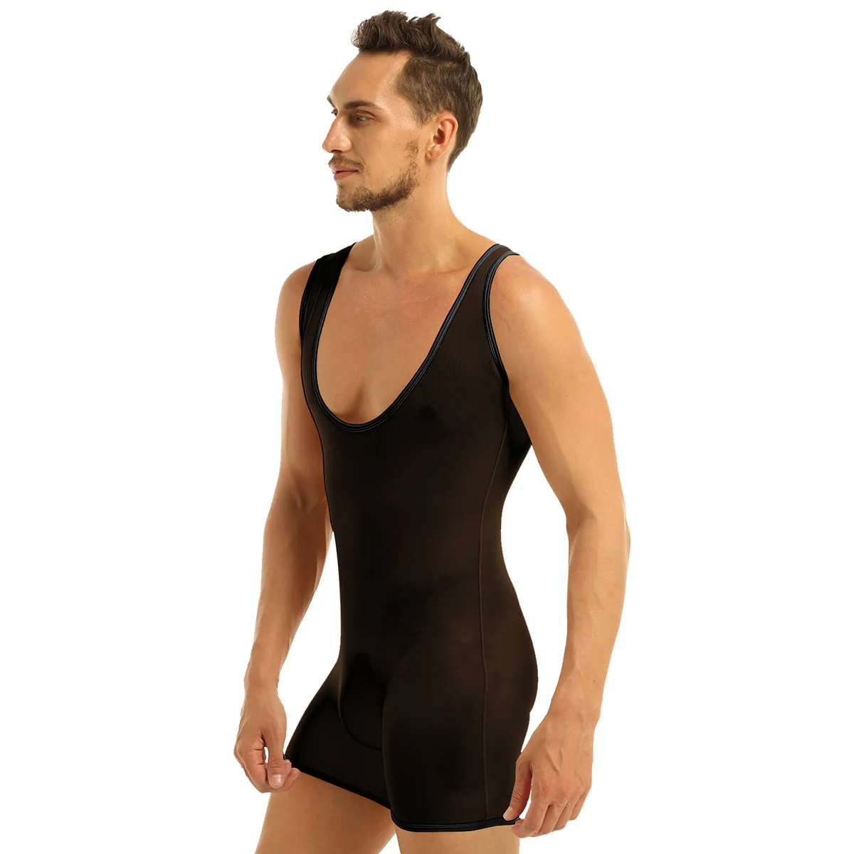 TiaoBug Summer Men One-Piece Swimming Jumpsuits Stretch Mesh See Through Sheer Lingerie Sleeveless Scoop Neck Jockstrap Bodysuit