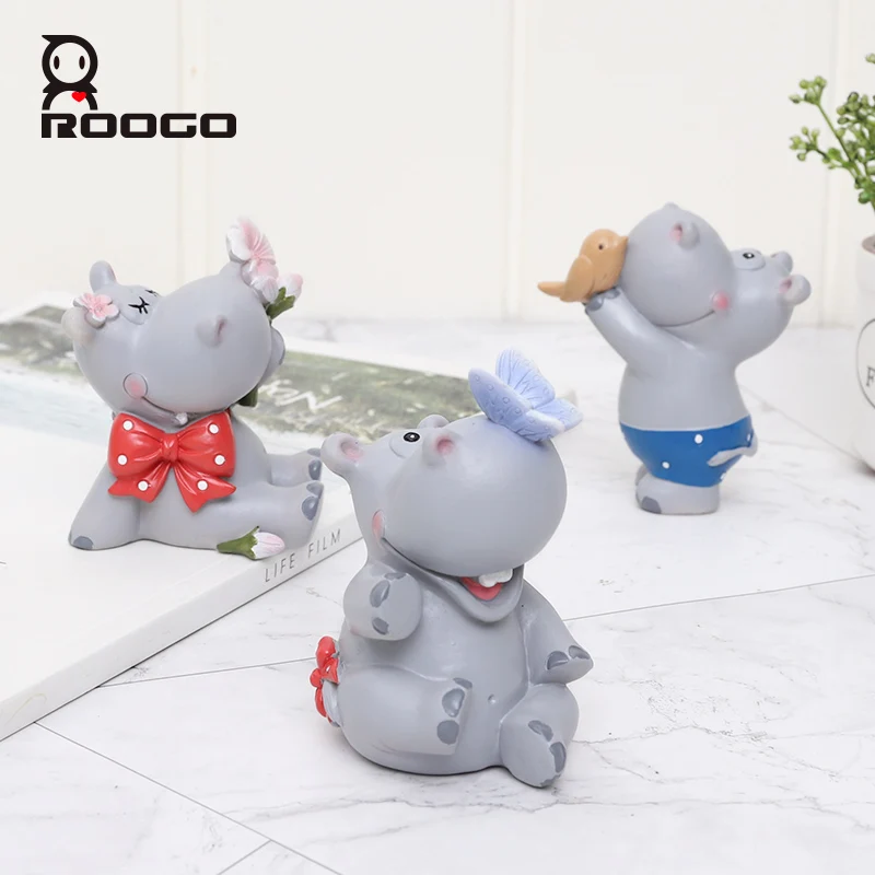 Roogo Hippopotamus Shaped Ornaments For Home Decor Cute Decoration Accessories For Car Resin Mini Figurines Kid Birthday Gift