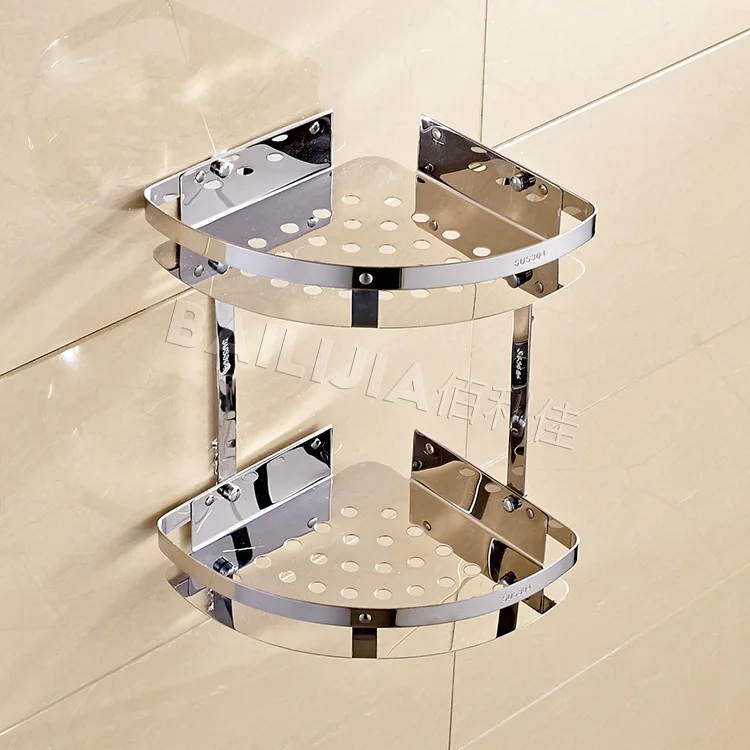

304 Stainless Steel Double-Layer Plate Basket Bathroom Corner Storage Shelf Factory Price Direct Selling Quality Assurance