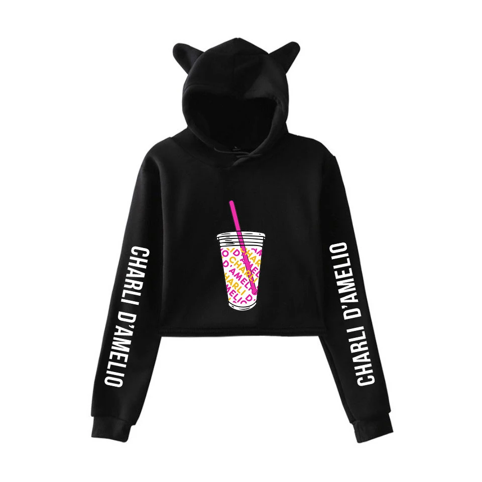 

Creative Cool Charli D'Amelio Ice Coffee Splatter Cat Ear Hoodies For Teen Girls Celebrity Print Women Cute Short Sweatshirts