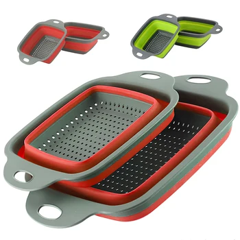 

Foldable Fruit Vegetable Washing Basket With Handle Square Silicone Draining Basket Food Strainer Kitchen Tools