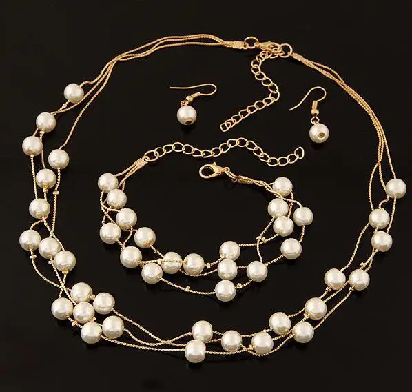 

Boutique Korean-style Fashion Sweet Ol Elegant Pearl Multilayer Elegant Necklace Earrings Bracelet Set Three-piece Set