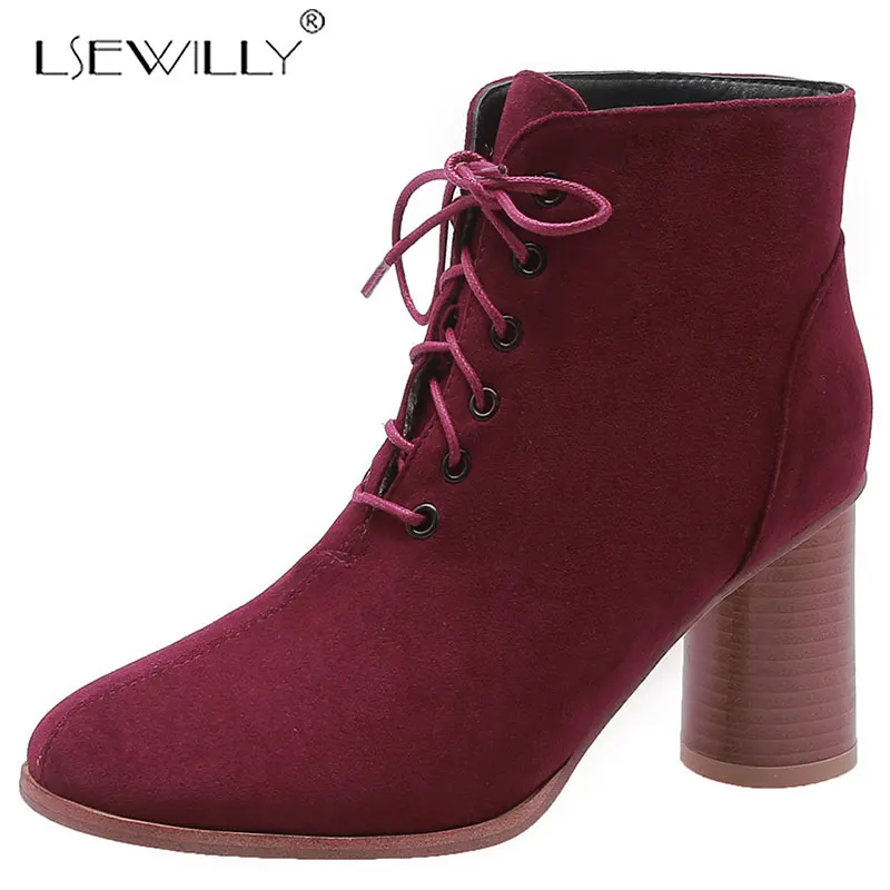 

Lsewilly Women's 2019 dropship ankle boots women shoes woman shoelaces add fur chunky high heels concise shoes woman boots K157