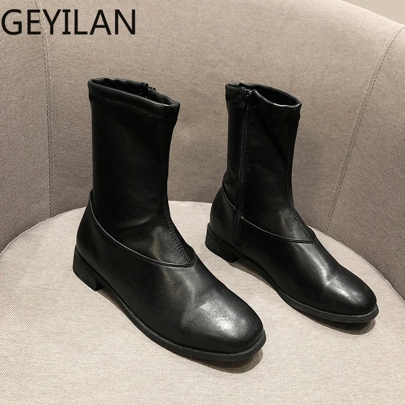 

Martin boots female 2020 autumn and winter new wild mid-heeled boots with square head stretch thin boots