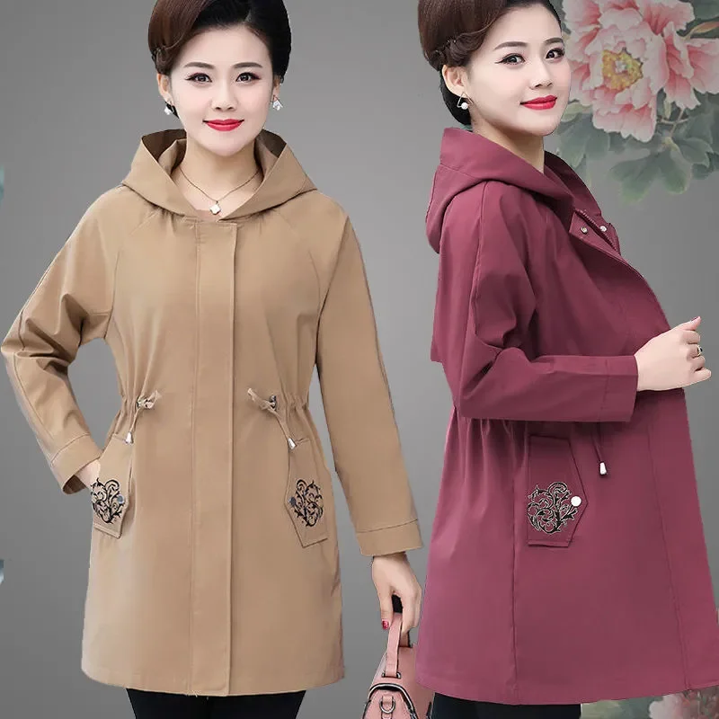 

Mother Windbreaker Women's Spring And Autumn 2024New Wide Lady Jacket Medium-Length 5XL Hooded Female Coat A74