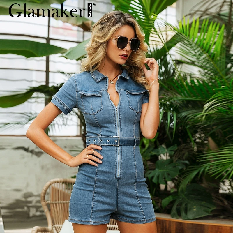 Женский комбинезон Glamaker голубой джинсовый короткий сексуальный облегающий
