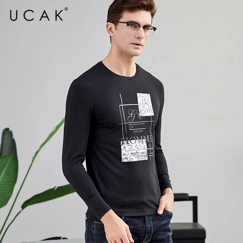 

UCAK Brand T-shirts Men 2020 NEW Arrival Spring Autumn Long Tshirt Letter Pattern O-Neck Casual Fashion Style T Shirt Men U5022