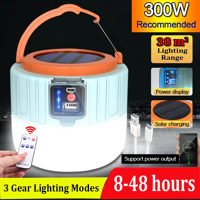 Solar LED Camping Light USB Portable Lanterns 300W USB Charging  Night LampMarket Lamp Energy-saving bulb Outdoor Emergency Lamp