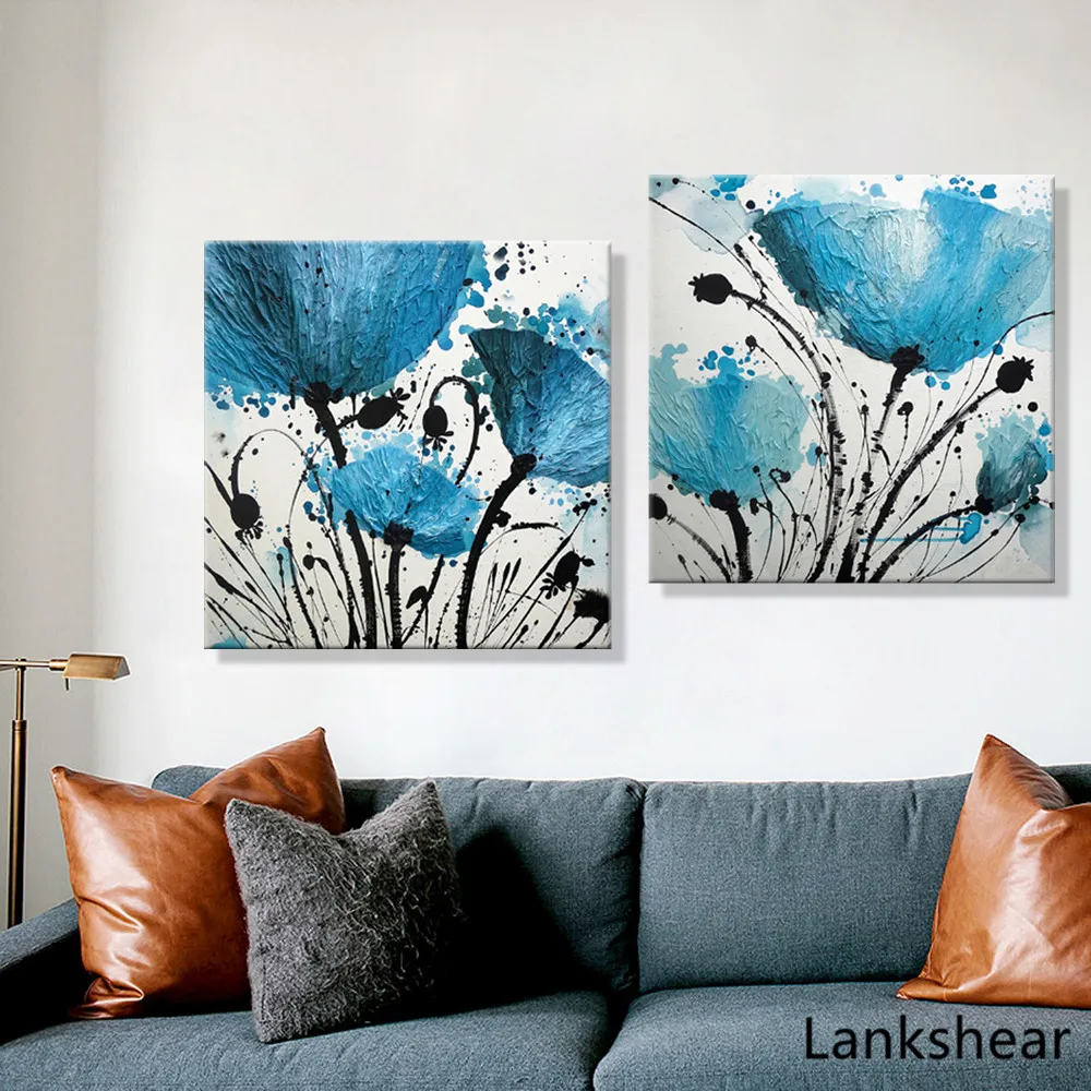 

Modern Abstract Blue Flower Ink Painting 3 Pcs Lotus Flower Cuadros Decoratives On Canvas Wall Picture For Living Room Decor