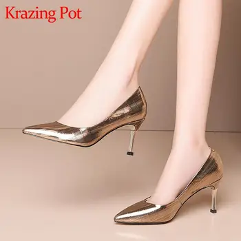 

Krazing Pot 2020 new style cow leather pointed toe thin high heels shiny handmade limited office lady modern summer pumps L42