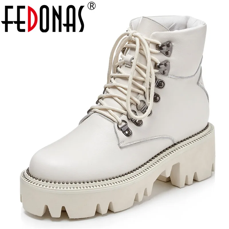 Cena FEDONAS Punk kobiety mieszkania platforma botki jakość prawdziwej skóry metalowe wysokie obcasy impreza taniec buty kobieta śnieg buty
