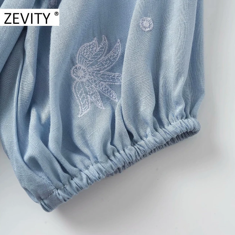 ZEVITY New women vintage v neck flower embroidery hem pleats mini dress female bow tie sashes vestido chic autumn dresses DS4424