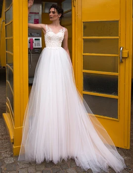 

Ruby Bridal Champagne Tulle Lace Wedding Dress 2020 Long A-line Bridal Gown Plus Size Princess robe de mariage белое платье