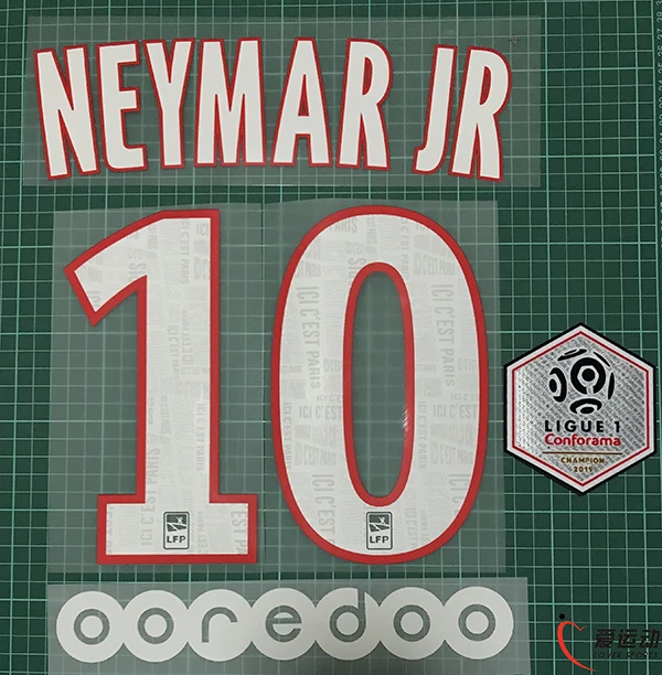 

2019-2020 PSG Home NEYMAR JR #10 name number SET + Ligue 1 champion PATCH + OOREDOO