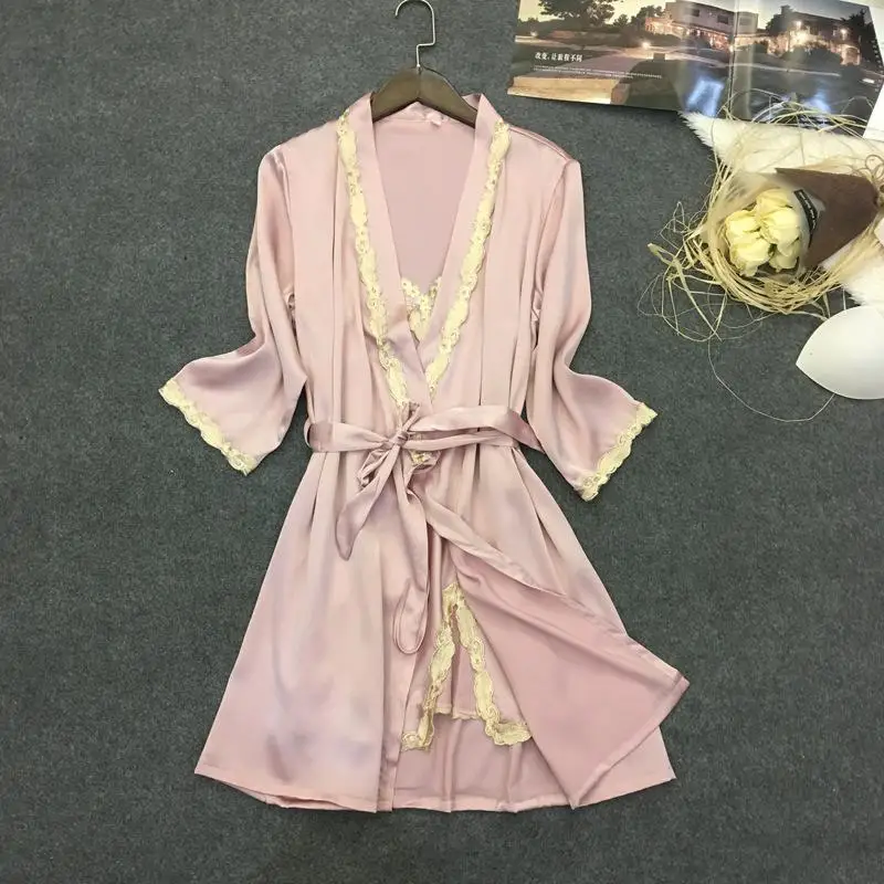 Черный весенний ночной халат, сексуальный женский комплект из 2 предметов, топ на бретелях, комплекты для сна, повседневные пижамы, домашняя ночная рубашка, халат для сна, банное платье - Цвет: Pink - Set
