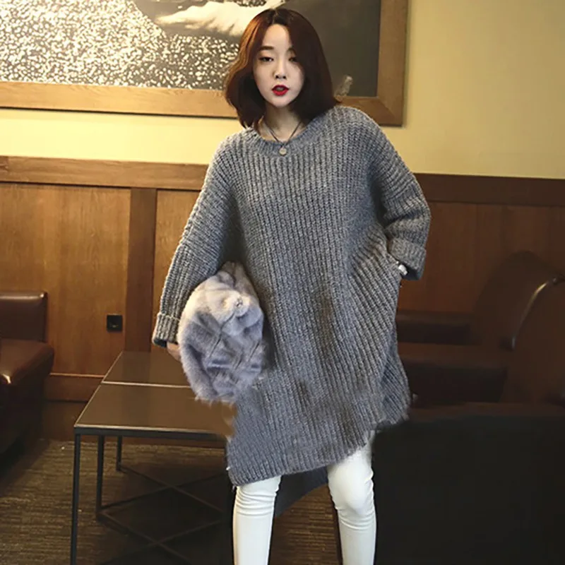 Women Autumn&Winter Casual Wild Knitted Sweater Solid Color Round Neck Long Sleeve Slim Long Sweater