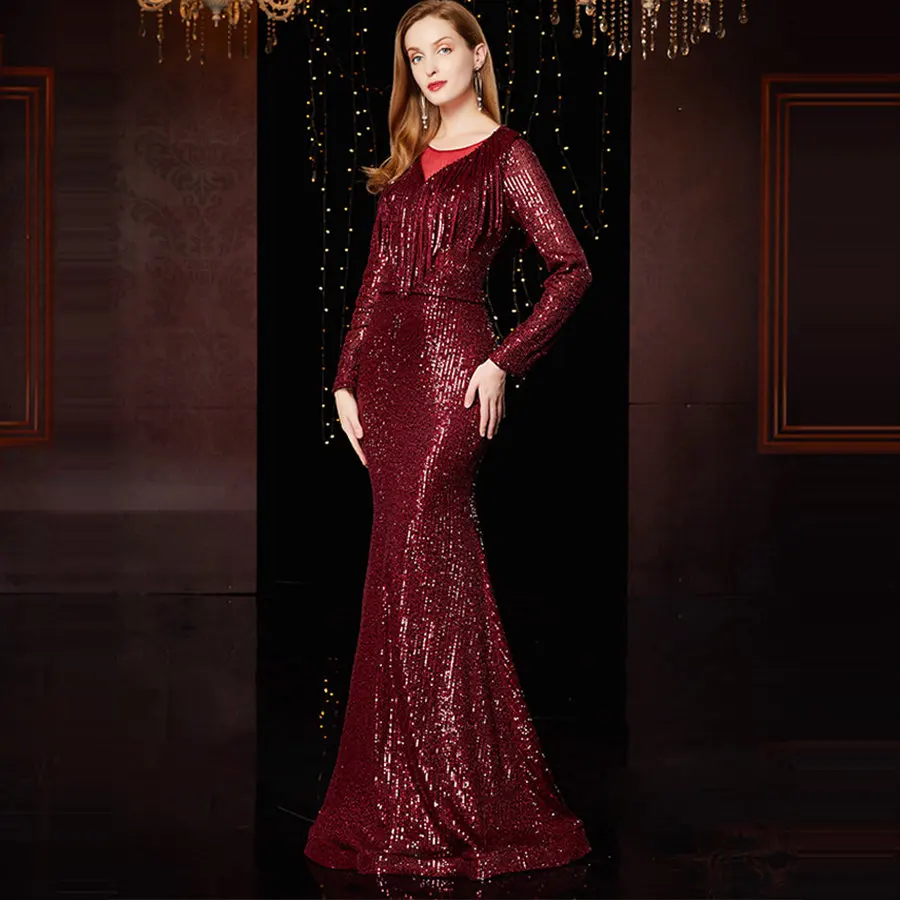 Вечернее платье с кисточками бордового цвета, женские вечерние платья с блестками K040 размера плюс, элегантные вечерние платья с длинным рукавом