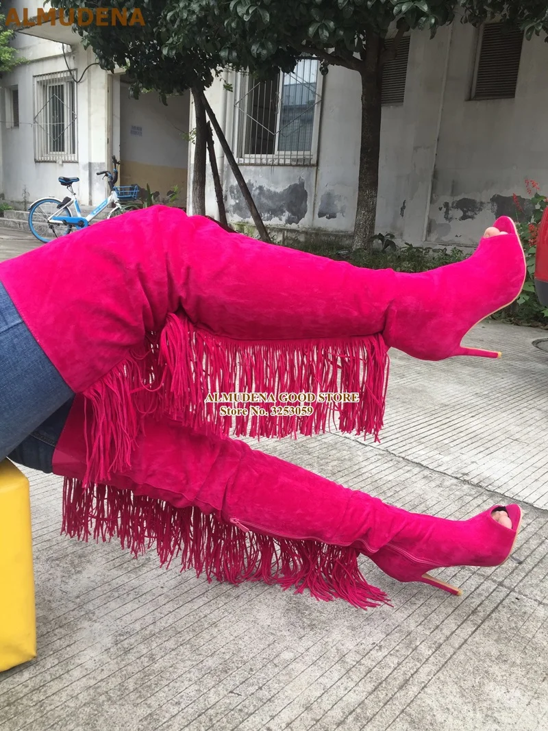 1909S1065 玫红色绒面鱼嘴过膝后流苏长靴 刘兴欢280 (9)