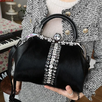 

Real Horsehair Fur Bag Temperament Diamond Evening Leather Tote Patchwork Handbags Single Shoulder Satchel Cystal Frame New 2019