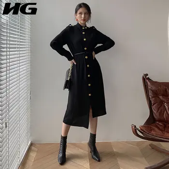 

HG Golden Button Standing Collar Women Dress Vintage Slim Was Thin Ladies Dresses Autumn Long Sleeve Women Clothes 2019 XJ1956